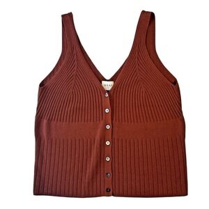 Wrap London Organic Cotton Ribbed Sleeveless Sweater Button Front Brown 14
